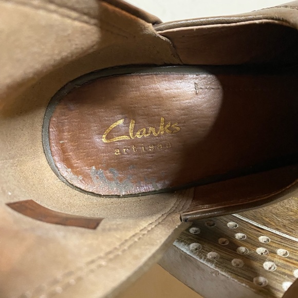 Clarks Shira Nicole Open Toed Heeled Sandals Brown and Tan Leather Ankle Booties - Picture 10 of 12